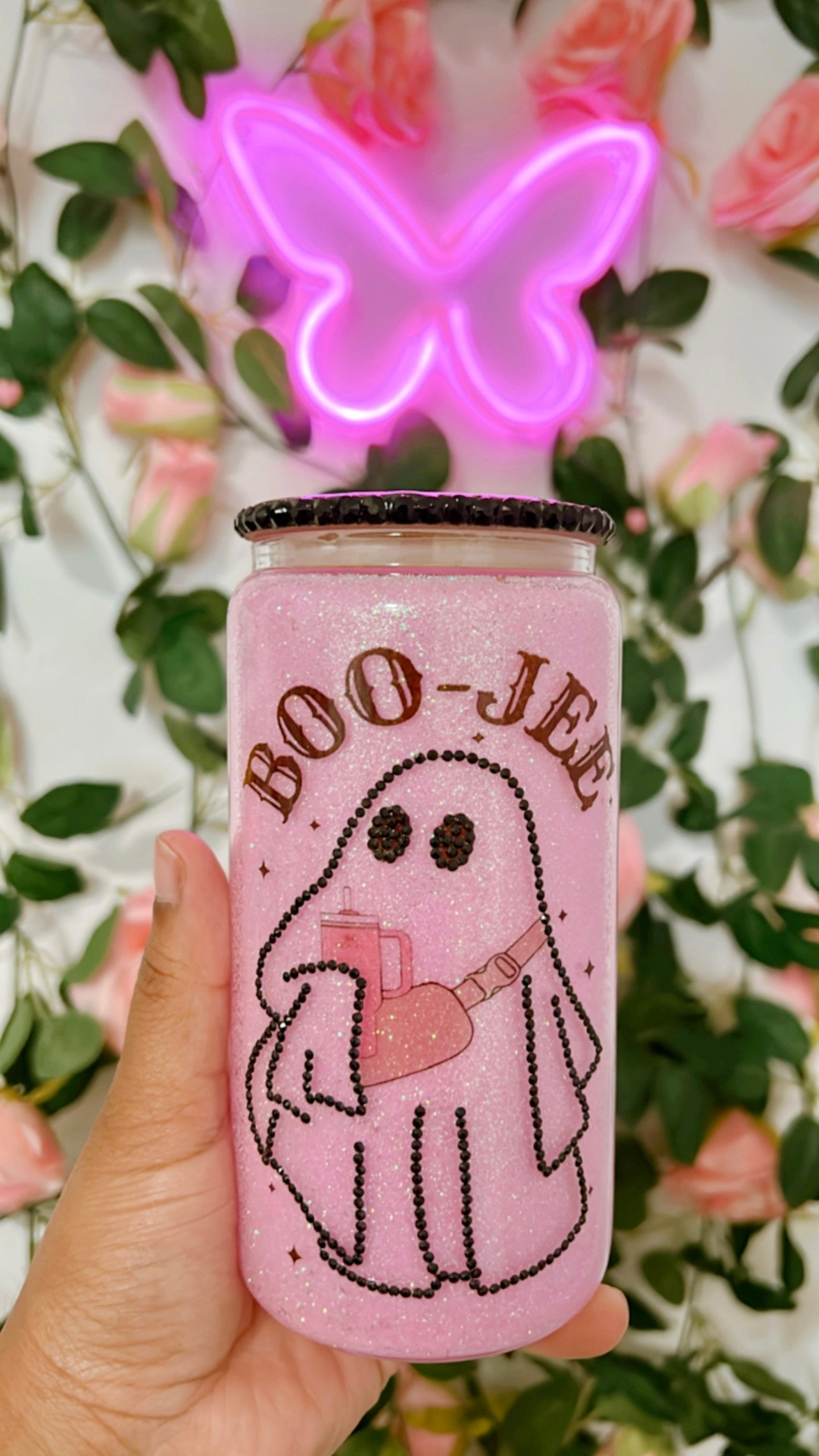 Boo-Jee Glass Can | Pink Halloween Ghost Glass Can | Still Snow Globe Glass Can| Pink Glitter | Perfect for Iced Coffee Lovers | 12oz