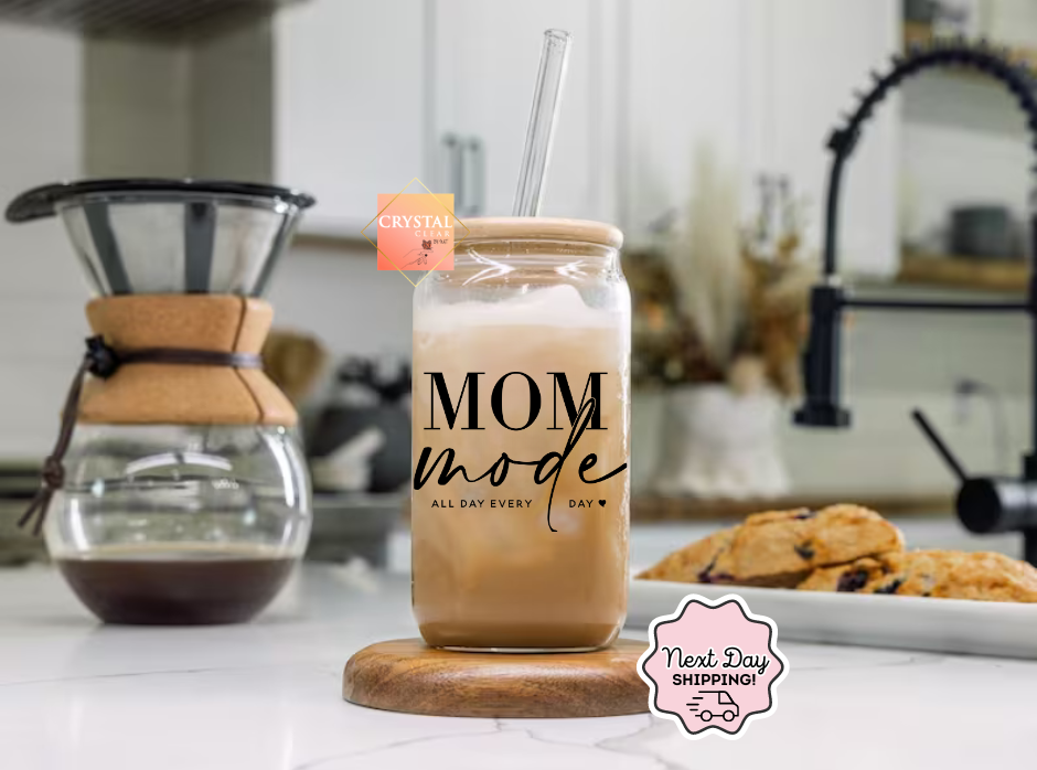 Mom Mode- All Day, Everyday Glass Can | 16oz Libbey with Bamboo Lid and Straw | UV-DTF