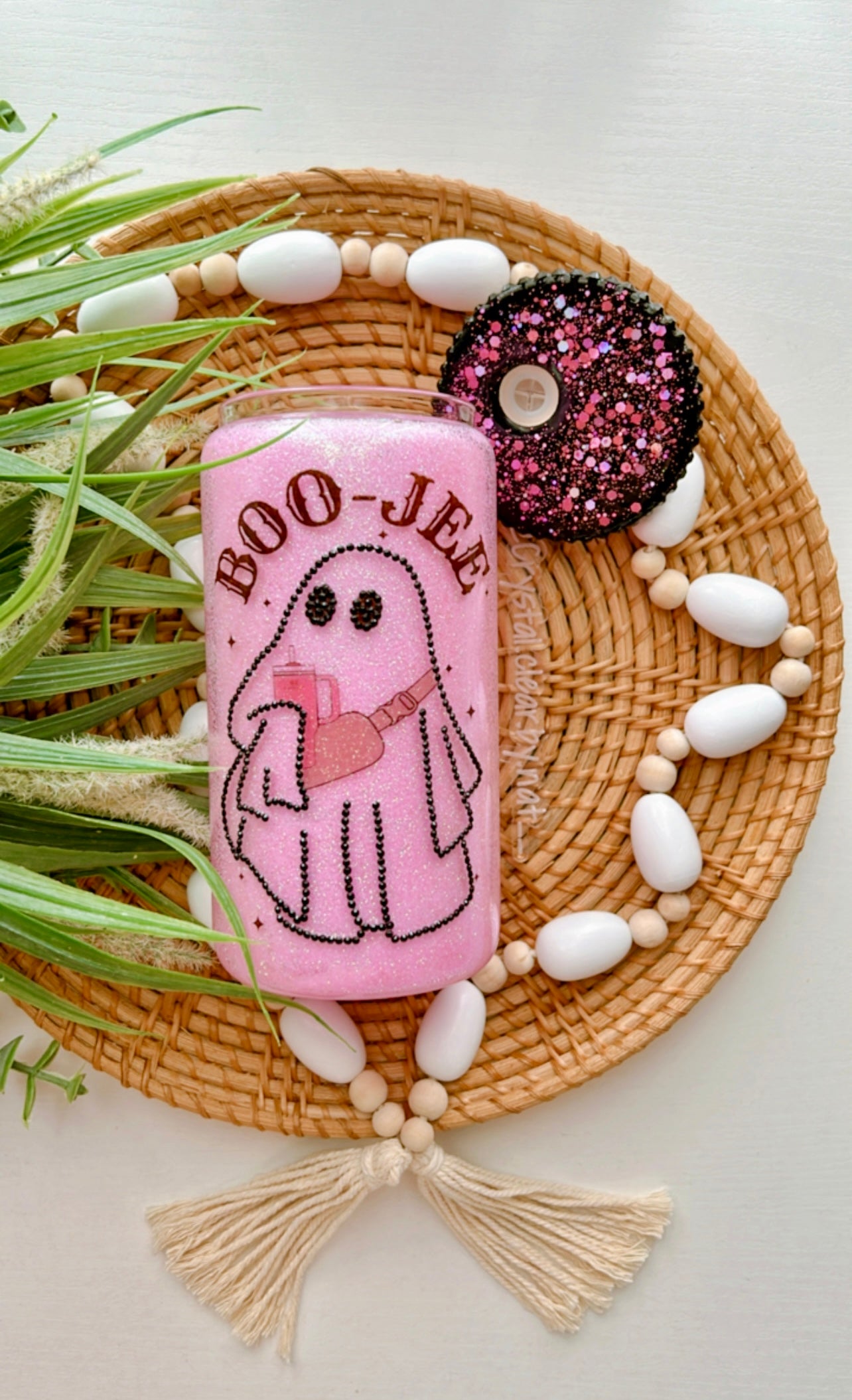 Boo-Jee Glass Can | Pink Halloween Ghost Glass Can | Still Snow Globe Glass Can| Pink Glitter | Perfect for Iced Coffee Lovers | 12oz