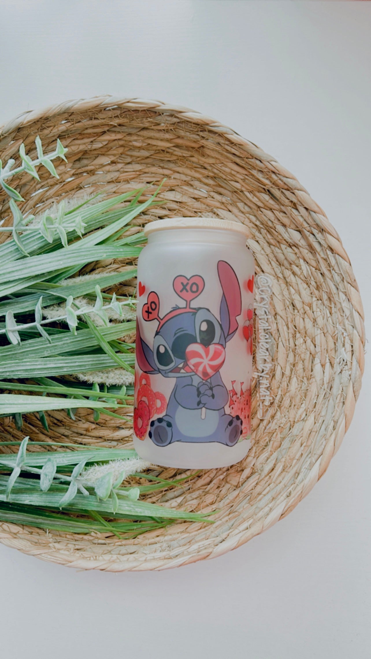 Stitch V-Day Glass Can | Gift Ideas for Lilo & Stitch Fans | 16oz | Personalized Bamboo Lid