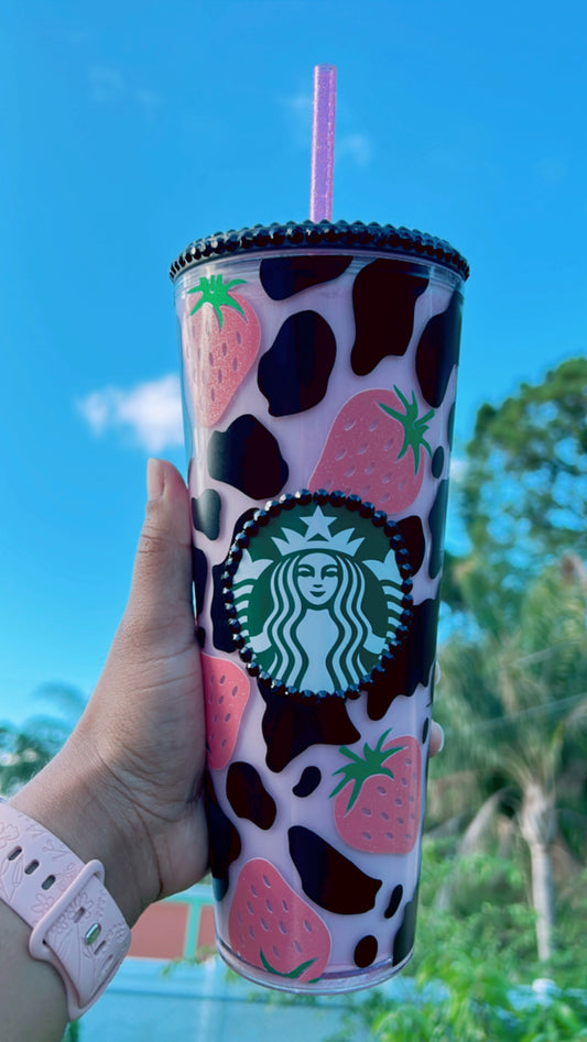 Pink Cow Print Snow Globe Tumbler | Strawberry Milk Cow Starbucks Tumbler | Perfect for all cold drinks | Reusable | 24oz Venti