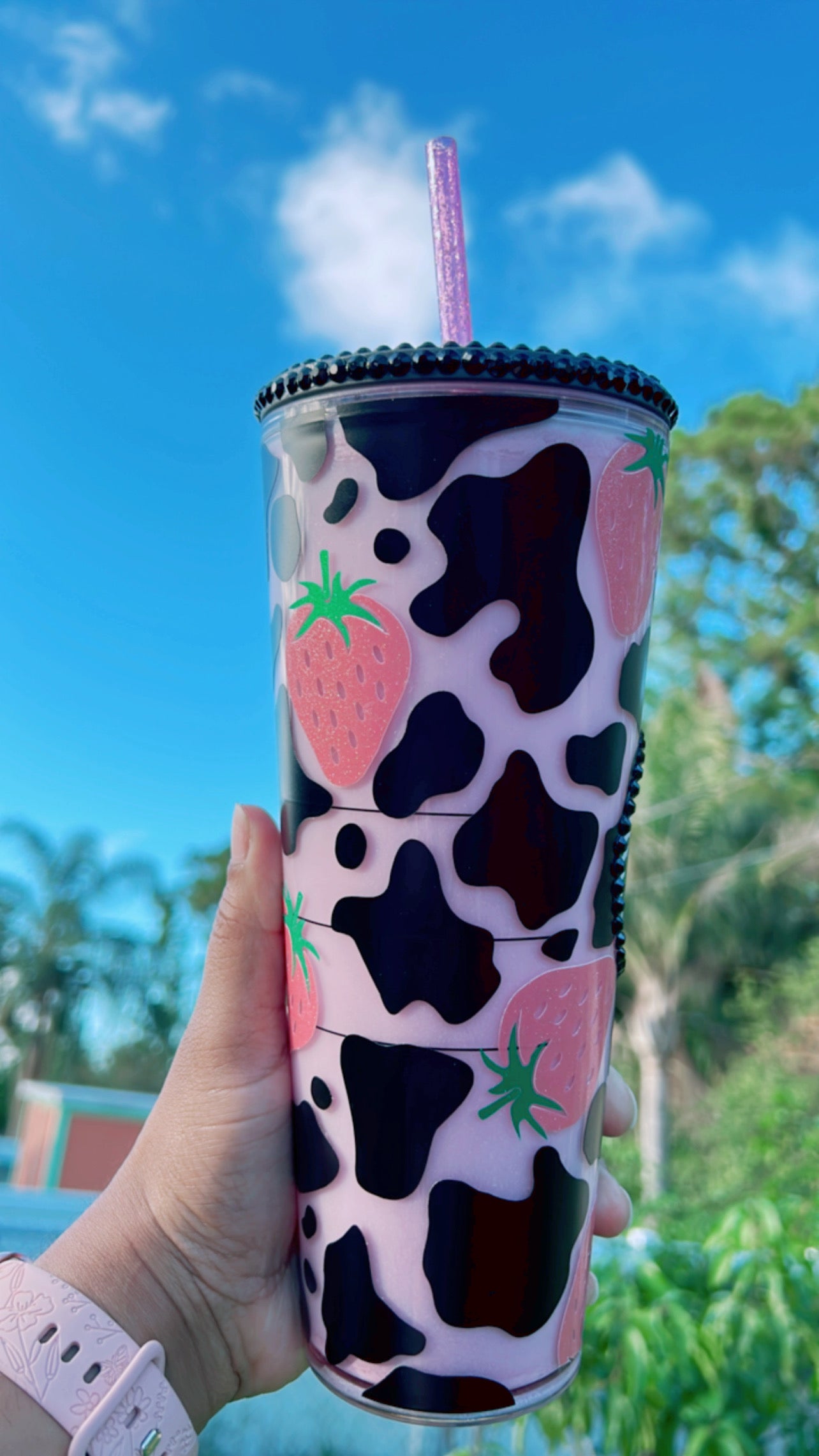 Pink Cow Print Snow Globe Tumbler | Strawberry Milk Cow Starbucks Tumbler | Perfect for all cold drinks | Reusable | 24oz Venti