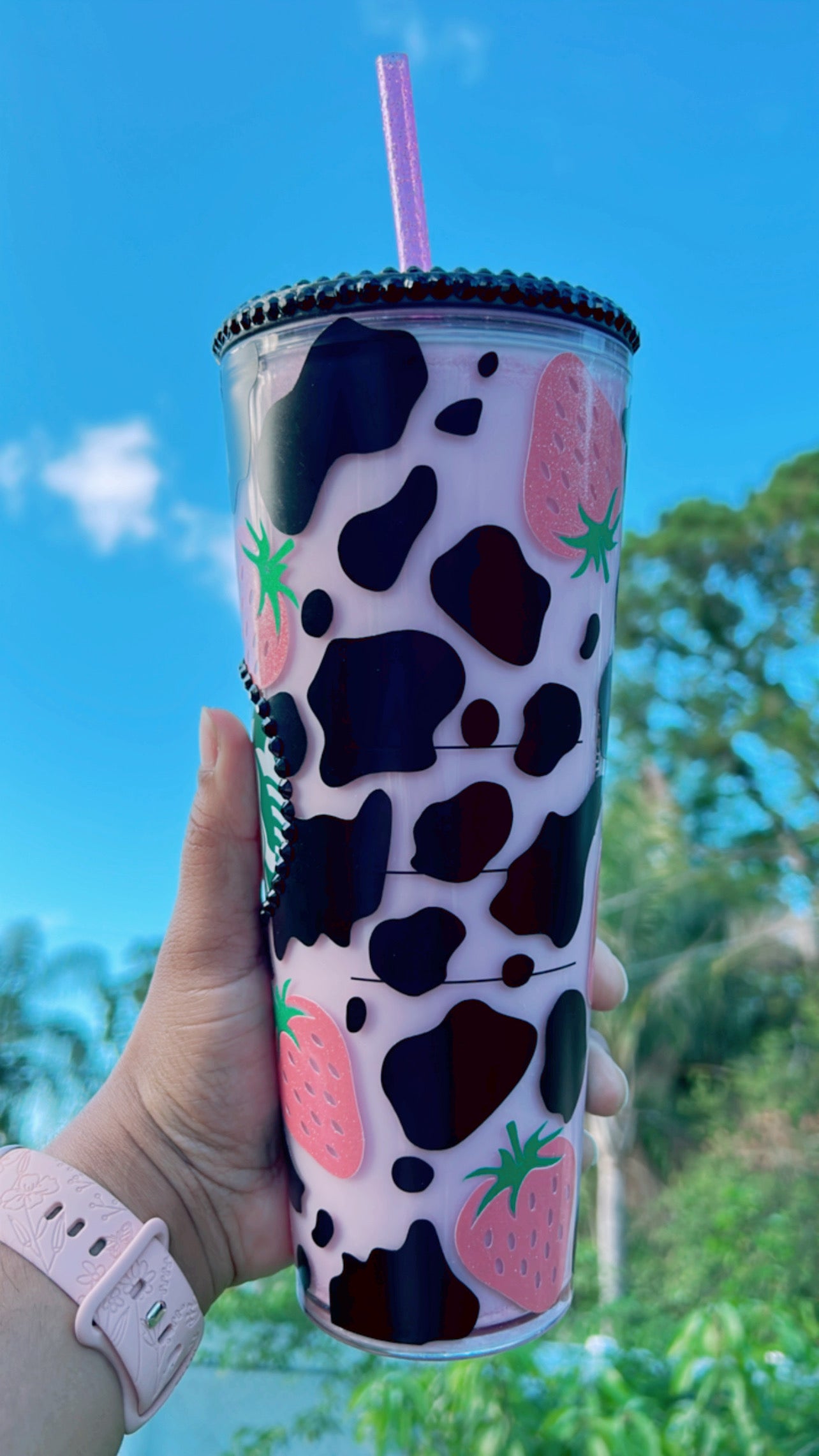 Pink Cow Print Snow Globe Tumbler | Strawberry Milk Cow Starbucks Tumbler | Perfect for all cold drinks | Reusable | 24oz Venti