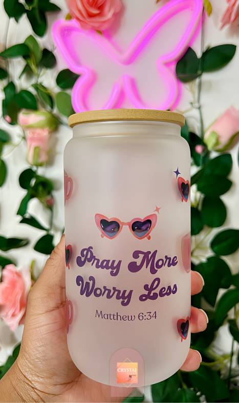 Pray More, Worry Less | Faith Glass Cans | 16oz Libbey with Bamboo Lid and Straw