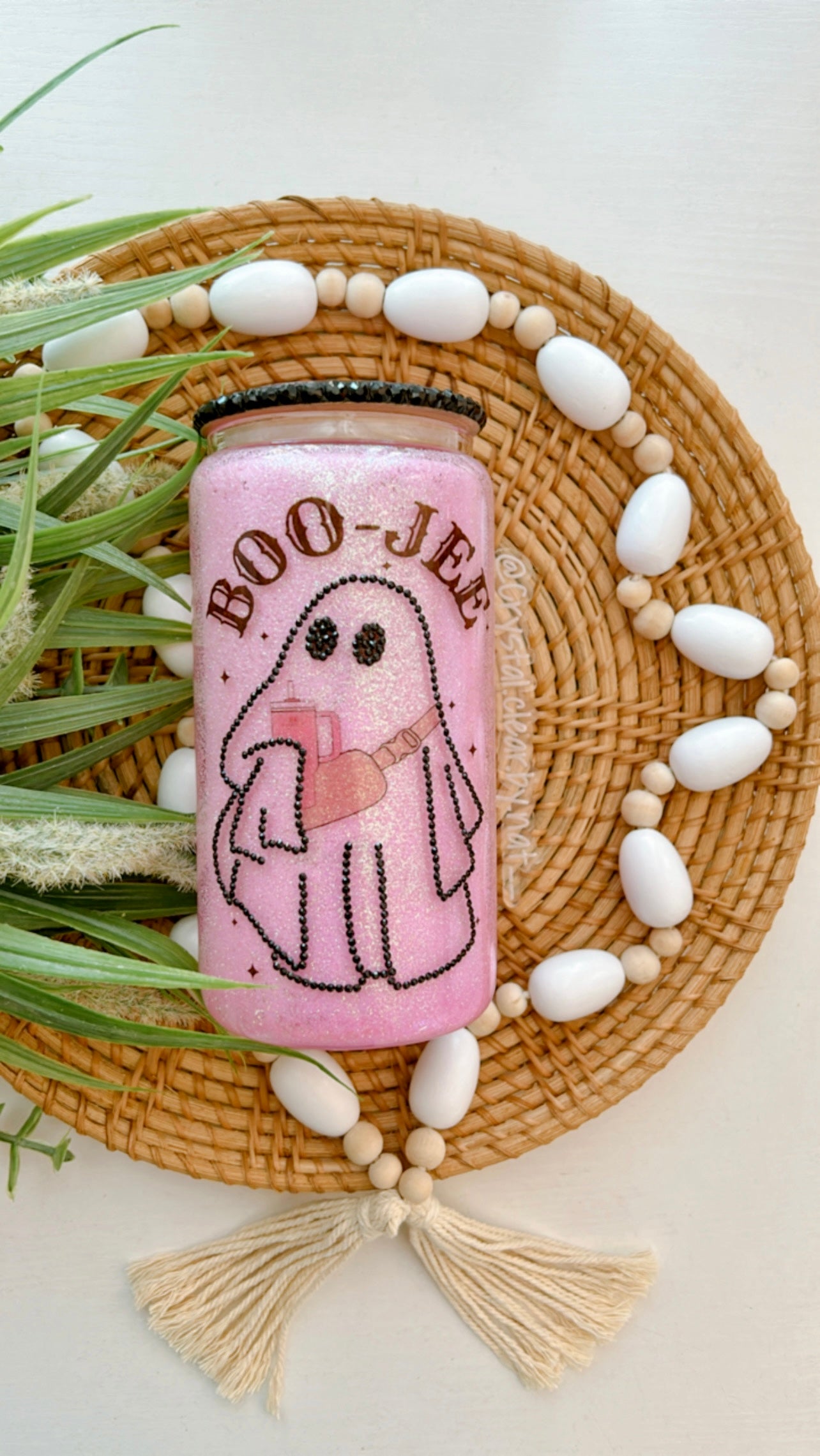 Boo-Jee Glass Can | Pink Halloween Ghost Glass Can | Still Snow Globe Glass Can| Pink Glitter | Perfect for Iced Coffee Lovers | 12oz