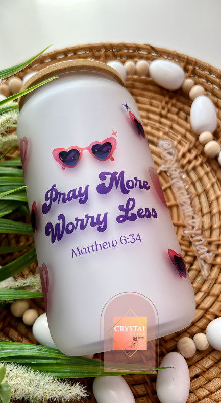 Pray More, Worry Less | Faith Glass Cans | 16oz Libbey with Bamboo Lid and Straw