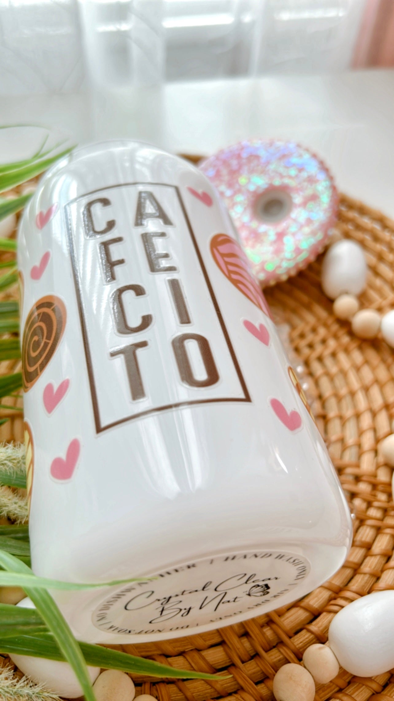 Cafecito Glass Can | White | Pink Bling Lid | Perfect Gift for all occasions | Iced/Hot Coffee Lovers | Pink Bling Lid | 16oz