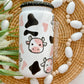 Cow Print Glass Can | White | Black Bling Lid | Perfect Gift for all occasions | Iced/Hot Coffee Lovers | UV-DTF Wrap | 16oz