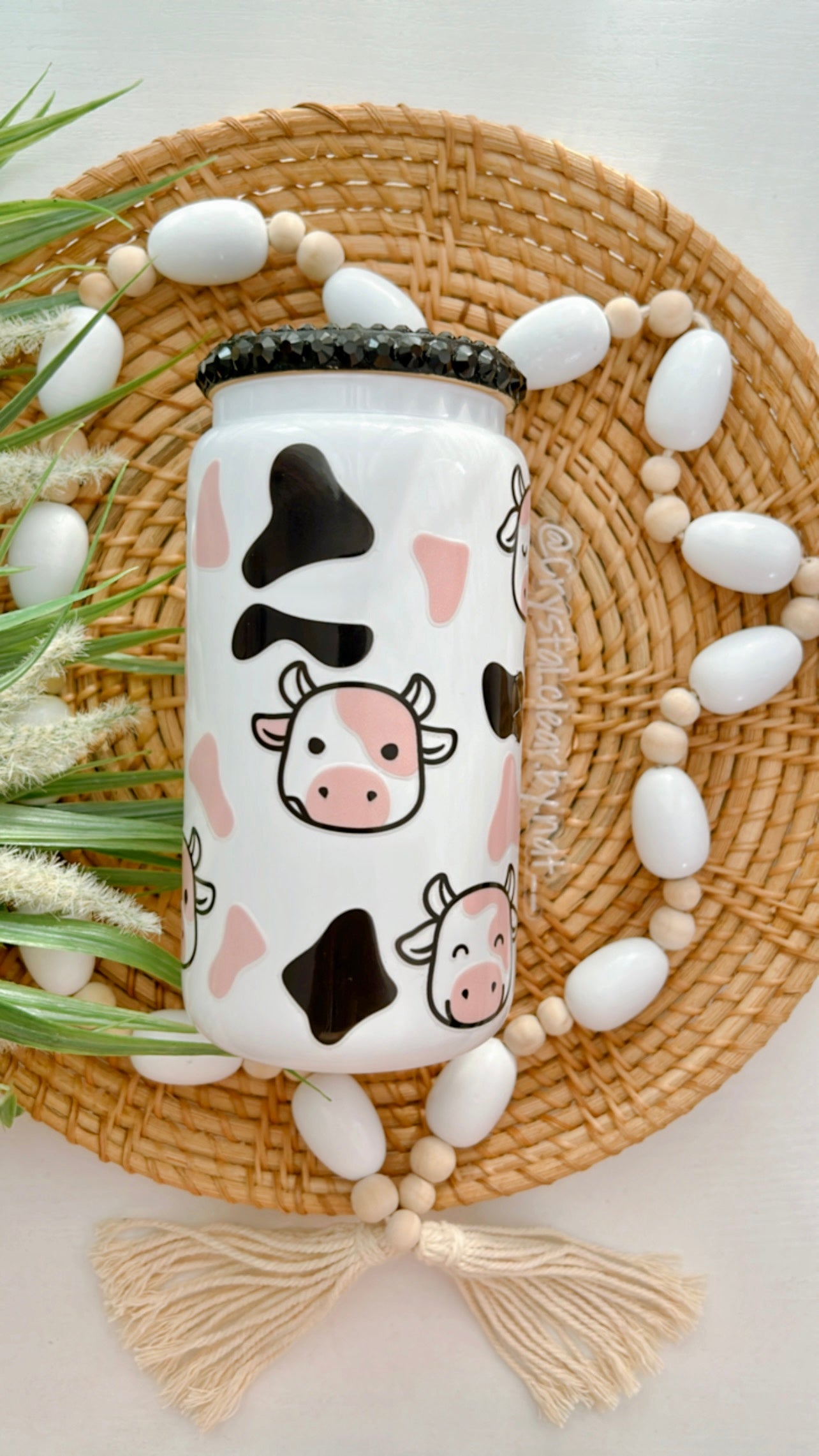 Cow Print Glass Can | White | Black Bling Lid | Perfect Gift for all occasions | Iced/Hot Coffee Lovers | UV-DTF Wrap | 16oz