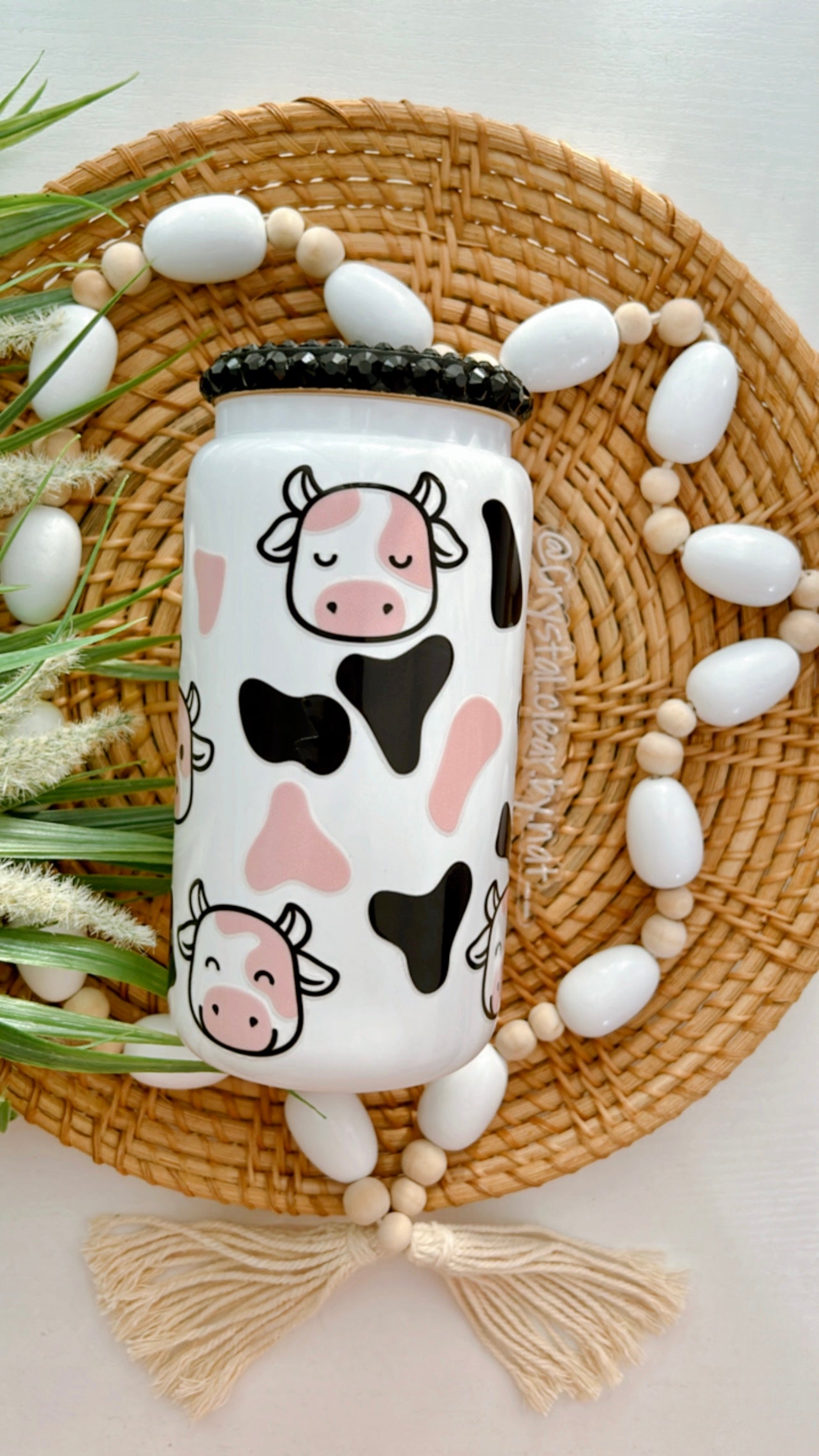 Cow Print Glass Can | White | Black Bling Lid | Perfect Gift for all occasions | Iced/Hot Coffee Lovers | UV-DTF Wrap | 16oz