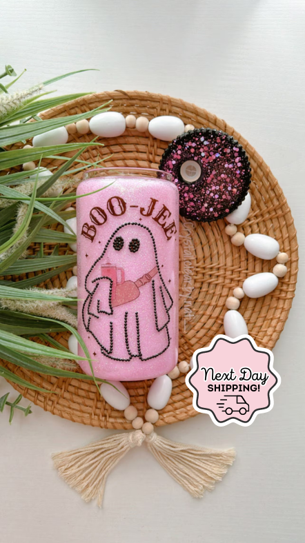 Boo-Jee Glass Can | Pink Halloween Ghost Glass Can | Still Snow Globe Glass Can| Pink Glitter | Perfect for Iced Coffee Lovers | 12oz