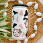 Cow Print Glass Can | White | Black Bling Lid | Perfect Gift for all occasions | Iced/Hot Coffee Lovers | UV-DTF Wrap | 16oz