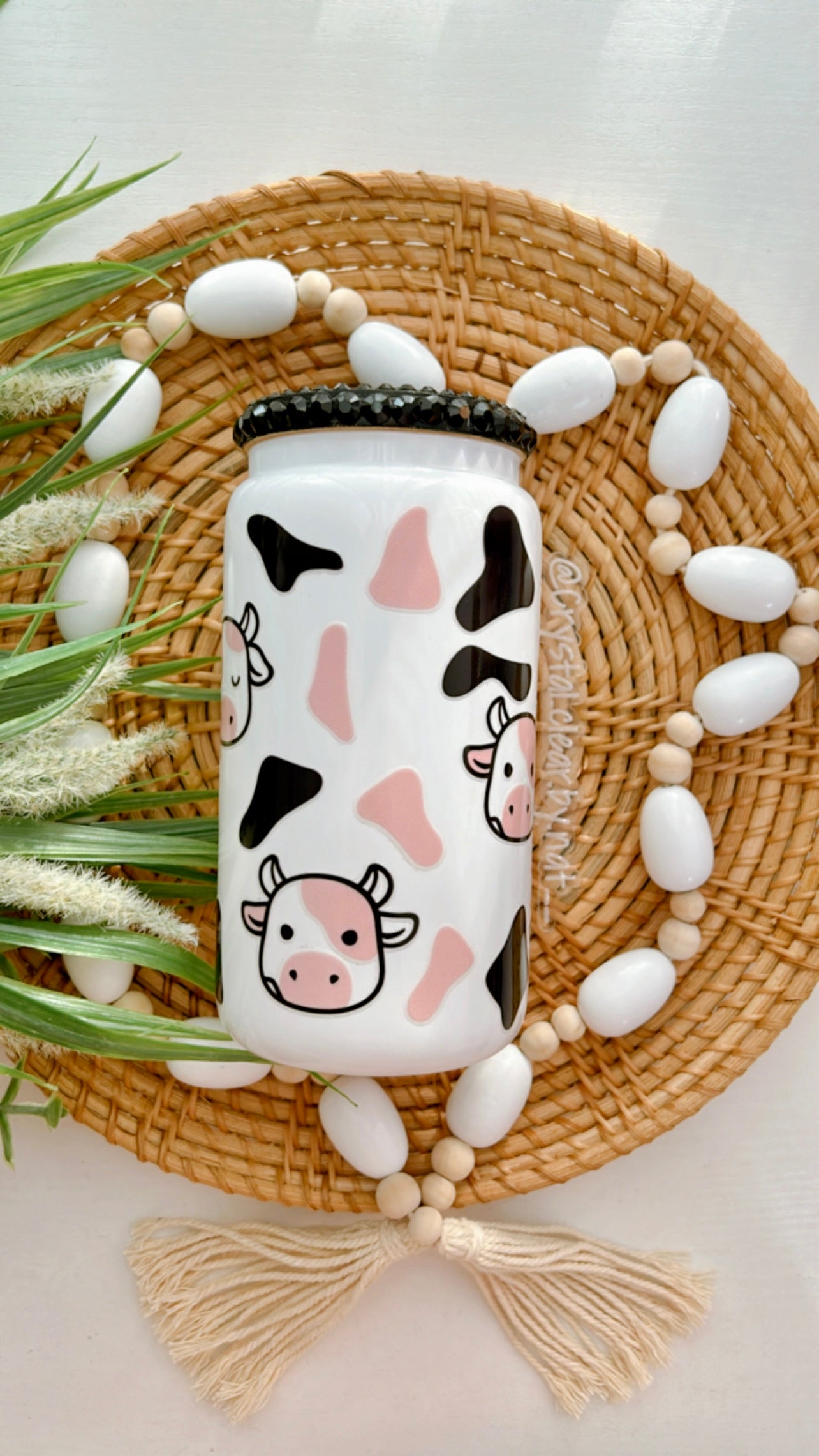 Cow Print Glass Can | White | Black Bling Lid | Perfect Gift for all occasions | Iced/Hot Coffee Lovers | UV-DTF Wrap | 16oz