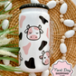 Cow Print Glass Can | White | Black Bling Lid | Perfect Gift for all occasions | Iced/Hot Coffee Lovers | UV-DTF Wrap | 16oz