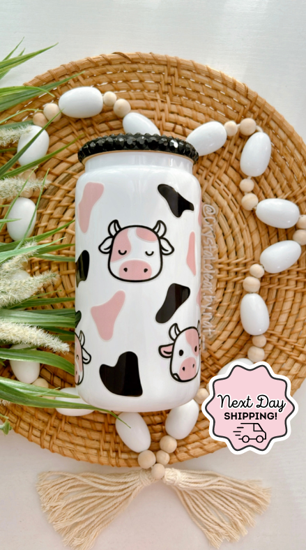 Cow Print Glass Can | White | Black Bling Lid | Perfect Gift for all occasions | Iced/Hot Coffee Lovers | UV-DTF Wrap | 16oz