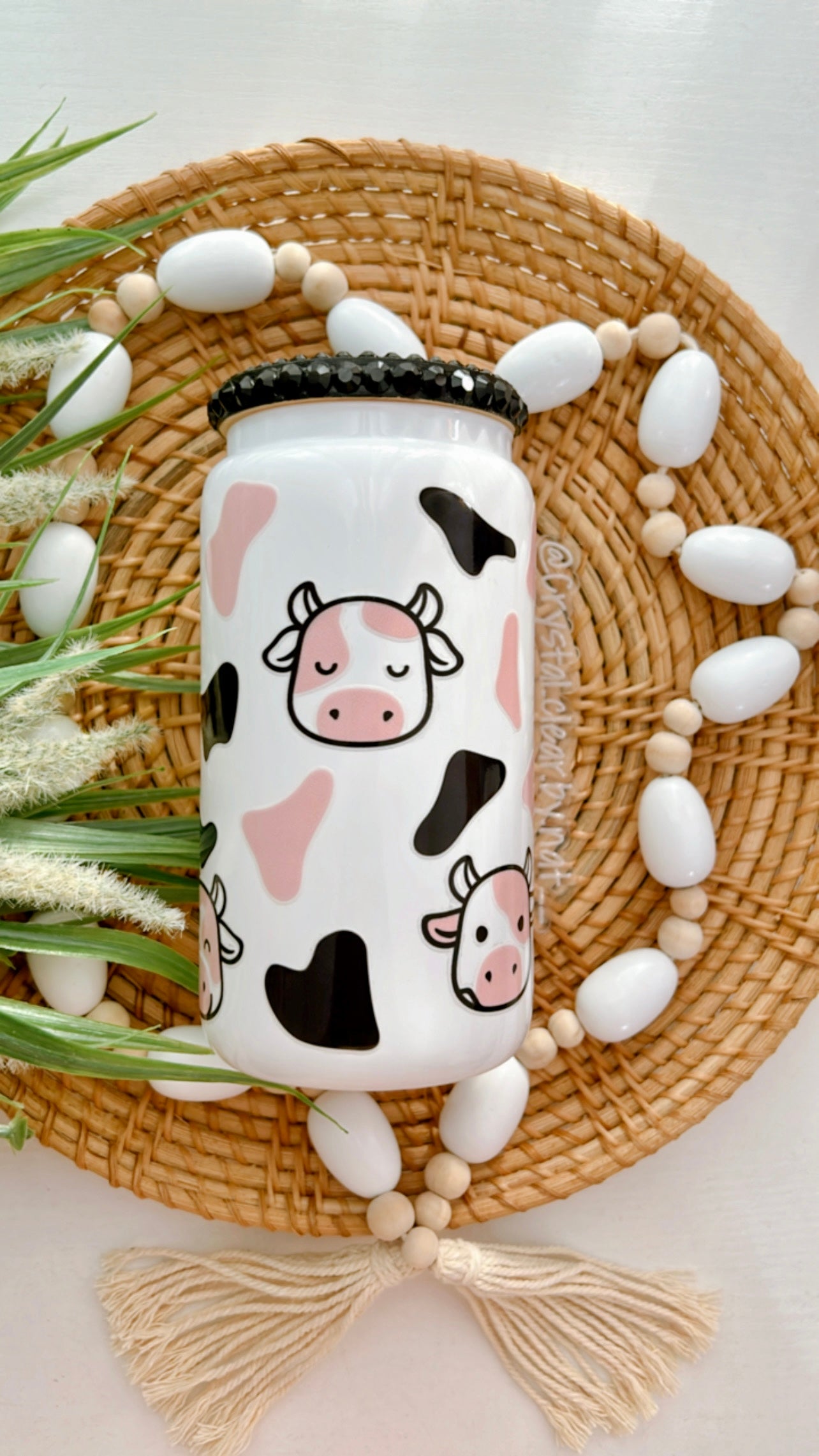 Cow Print Glass Can | White | Black Bling Lid | Perfect Gift for all occasions | Iced/Hot Coffee Lovers | UV-DTF Wrap | 16oz