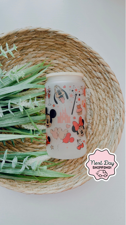 Disney V-Day Glass Can Collection | Gift Ideas for Disney Fans | 16oz Glass Can | Personalized Bamboo Lid