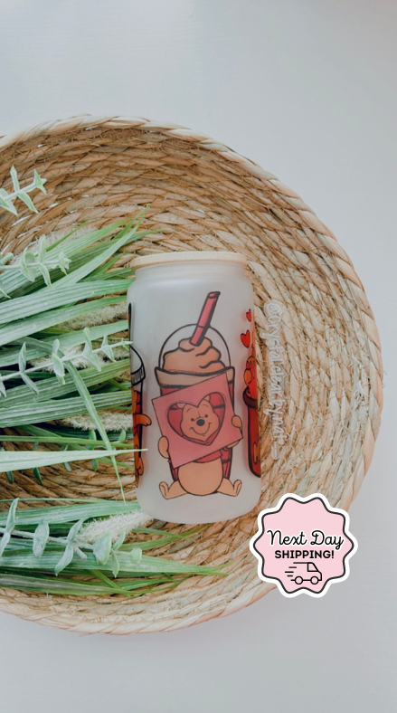 Winnie the Pooh V-Day Glass Can | Gift Ideas for Disney Fans | 16oz | Personalized Bamboo Lid