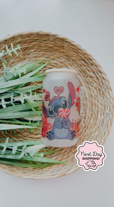 Stitch V-Day Glass Can | Gift Ideas for Lilo & Stitch Fans | 16oz | Personalized Bamboo Lid