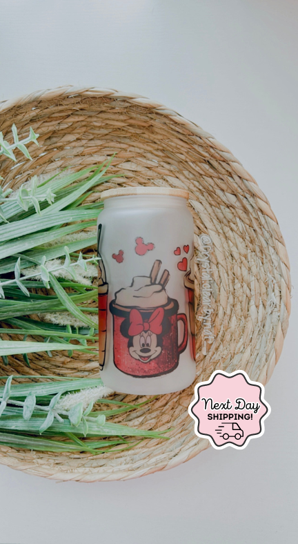 Disney V-Day Glass Can Collection | Gift Ideas for Disney Fans | 16oz Glass Can | Personalized Bamboo Lid