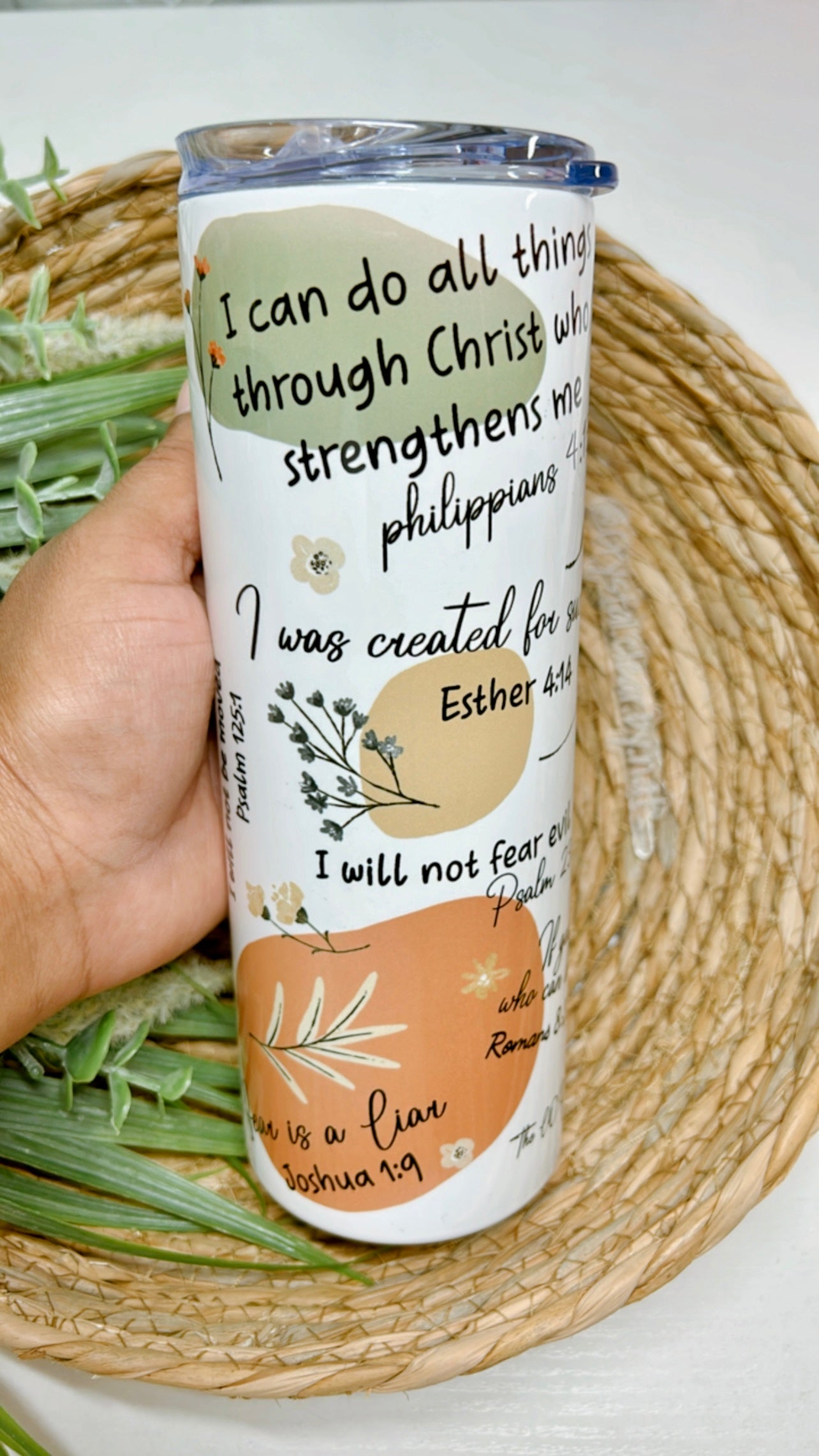 Christian Bible Verse Affirmations | Inspiring Bible Verses | Boho | Stainless Steel | Hot and Cold | On the go | 20oz Skinny Tumbler |Gifts