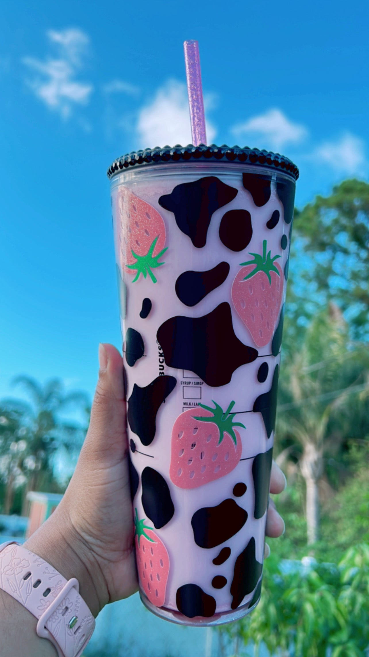 Pink Cow Print Snow Globe Tumbler | Strawberry Milk Cow Starbucks Tumbler | Perfect for all cold drinks | Reusable | 24oz Venti