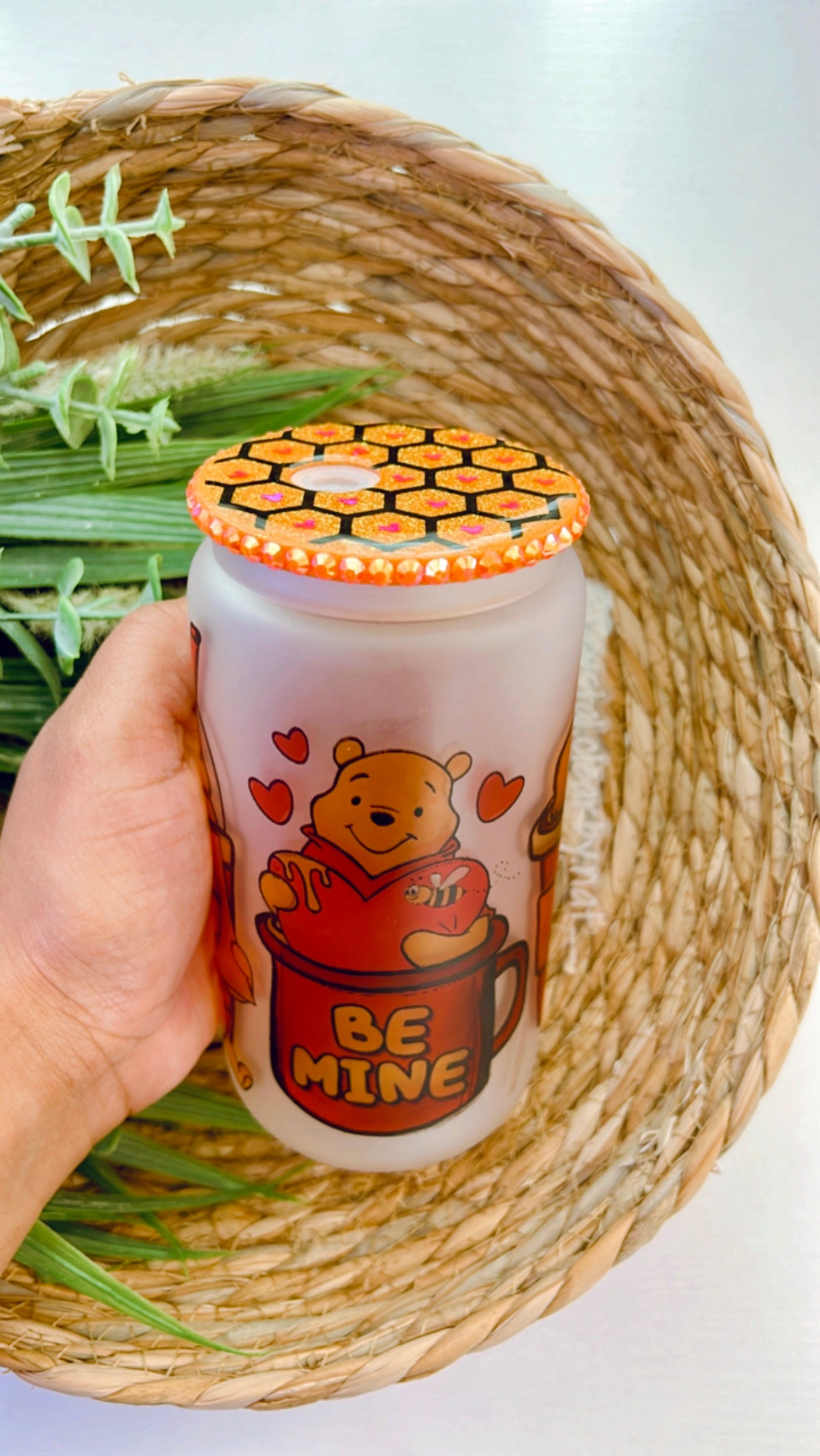 Winnie the Pooh V-Day Glass Can | Gift Ideas for Disney Fans | 16oz | Personalized Bamboo Lid