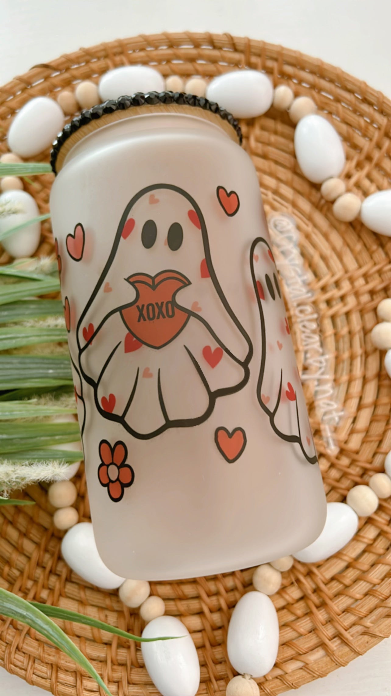 Ghostie Valentine’s Day Glass Can | 16oz Libbey with Bamboo Lid and Straw | Perfect for Iced Coffee Lovers