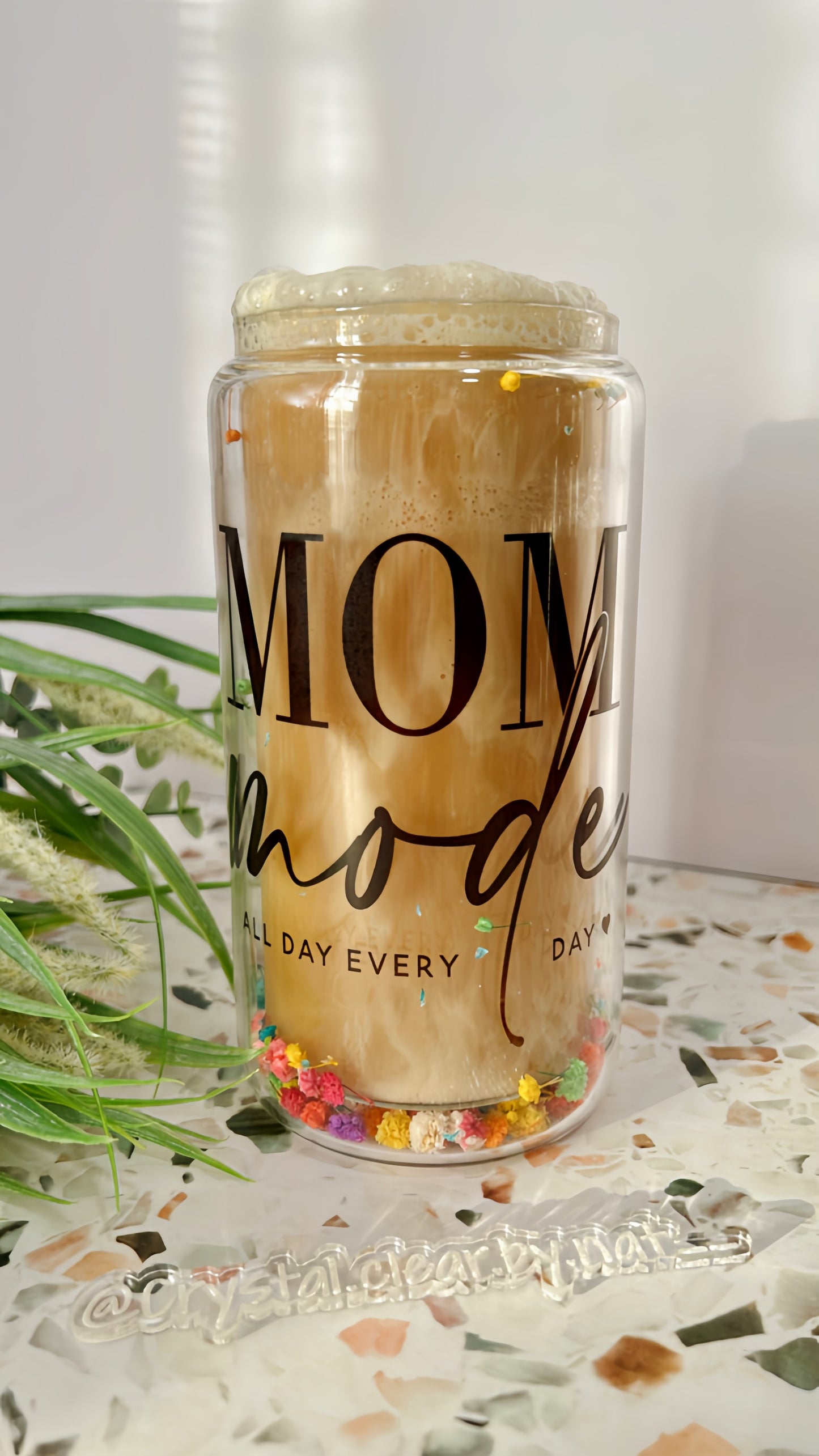 Mom Mode Flower Snow Globe Glass Can | 12oz | Bling Lid | Straws | Gift for Mom's