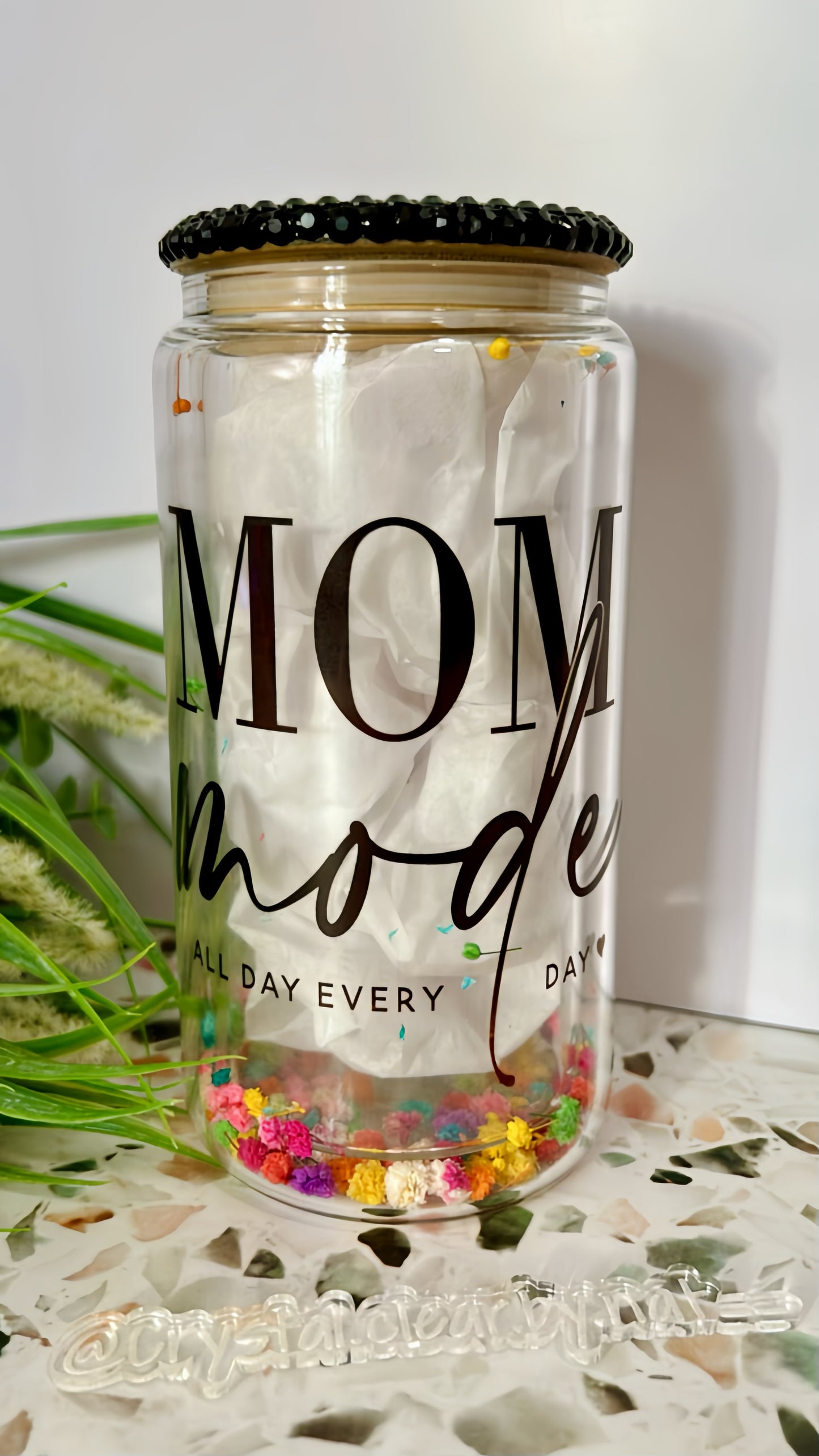 Mom Mode Flower Snow Globe Glass Can | 12oz | Bling Lid | Straws | Gift for Mom's