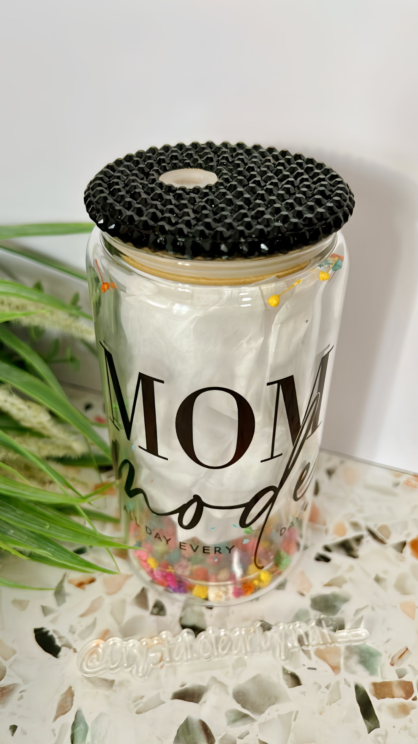 Mom Mode Flower Snow Globe Glass Can | 12oz | Bling Lid | Straws | Gift for Mom's