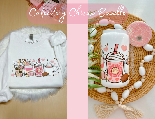 Cafecito y Chisme Bundle | Sweatshirt | 16oz Glass Can | Perfect gift idea for any occasion